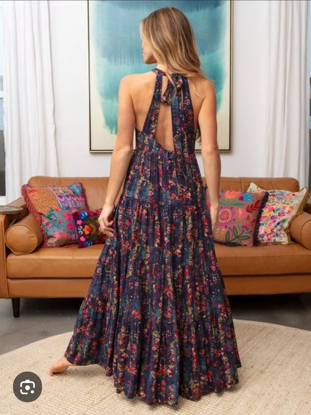 Floral Tiered Maxi Dress - Navy with Pink Floral - Picture 2 of 16